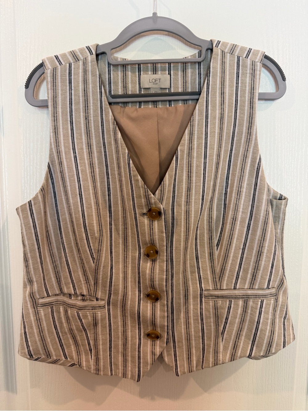 LOFT Neutral Striped Button Vest in Tan and Navy Blue